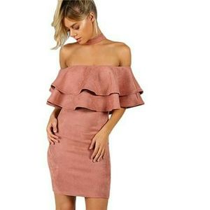 Remi Ruffled Off Shoulder Suede Party Dress